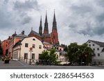 Uppsala Cathedral, Sweden - church towers with waterfront and square in the center of the city