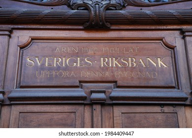 UPPSALA, SWEDEN- 1 JUNE 2021:
Sveriges Riksbank sign at a door in the city of Uppsala, Sweden. Photo Jeppe Gustafsson