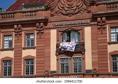 UPPSALA, SWEDEN- 1 JUNE 2021:
Student In A Window In The City Of Uppsala, Sweden. Photo Jeppe Gustafsson