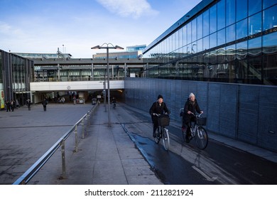Uppsala, Sweden Jan 24, 2022 Commuters on bicycles at the Uppsala central station.