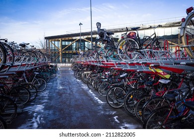 Uppsala, Sweden Jan 24, 2022 Racks of commuter bicycles at the Uppsala central station.