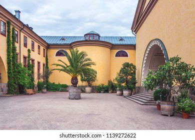 Uppsala, Sweden, June 6, 2018: View on beautiful inner yard of The Linneanum Building, The Orangery of the Botanical Gardens of Uppsala, Sweden (70 km from Stockholm).