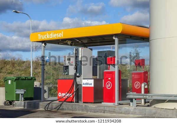 Uppsala, Sweden - October 18, 2018: Truck\
diesel, gas station.