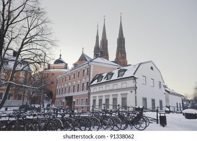 Uppsala View. Detail From Uppsala Old Town, With The Cathedral In The Background And Student Bikes In The Foreground.