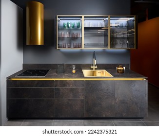Upscale flat design kitchen with induction black glass hob with cylinder golden extractor hood with marble stoneware countertop and facade panels golden sink and faucet cupboard and neon illumination.
