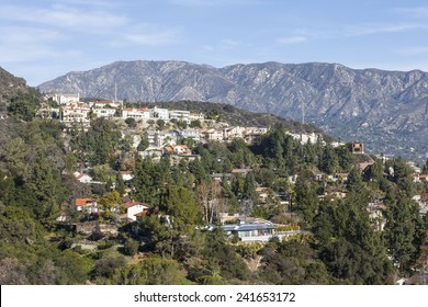 Upscale Los Angeles County Hillside Homes With San Gabriel Mountains Backdrop.