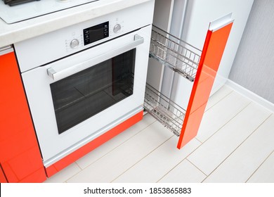 Upscale Maple Red Kitchen Spice Rack Drawer Vertical Cabinet. Pull Out Spice Rack Cabinet Filler Pantry Near Oven And Fridge. Vertical Drawer For Spices Shelf With Orange Front Panels Horizontal.