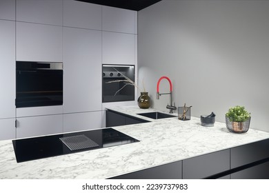 Upscale modern flat design loft kitchen with Induction cooker black glass hob with integrated hood or aspirating induction hob on marble light stoneware countertop panels with flower in vase and sink.