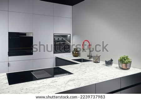 Upscale modern flat design loft kitchen with Induction cooker black glass hob with integrated hood or aspirating induction hob on marble light stoneware countertop panels with flower in vase and sink.