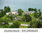 Upscale suburban homes on lake Ontario waterfront area in Rochester, NY. Private residential houses in rural suburban sprawl in upstate New York