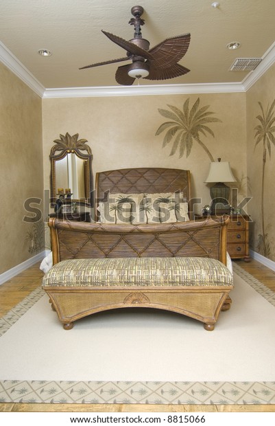 Upscale Tropical Decor Bedroom Wicker Furniture Stock Photo