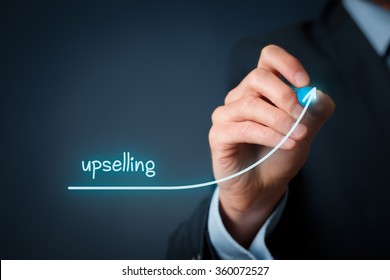 Upselling On-line (e-shop) Marketing Concept. Sales Technique For More Profitable Sale. Businessman Draw Growing Profit Graph Thanks Upselling.
