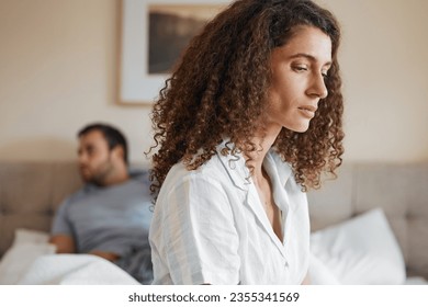 Upset, bedroom and woman in argument with her husband for divorce, marriage problem or breakup. Sad, depression and female person fighting with her partner for toxic relationship or cheating at home.