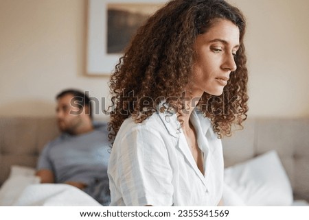 Upset, bedroom and woman in argument with her husband for divorce, marriage problem or breakup. Sad, depression and female person fighting with her partner for toxic relationship or cheating at home.