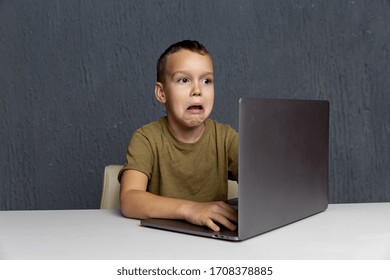 Upset Boy Sitting And Studying On The Computer Online At Quarantine Time.