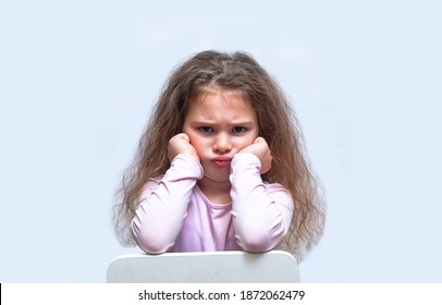 Upset Brown-haired Fringe Hairstyle Small Girl Pucker Up Her Mouth Feel Upset