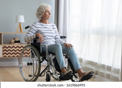 Upset Disabled Older Woman Sitting In Wheelchair At Home, Looking Out Window, Thinking About Problem, Nostalgia And Melancholy, Feeling Lonely And Sad, Mature Female Patient Lost In Thoughts