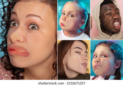 Upset, Fear. Set Of Close-up Faces Of Young Girls And Boys Crushed On Glass Isolated On Colored Background. Concept Of Human Emotions, Diversity. Models Leaning Against Glass