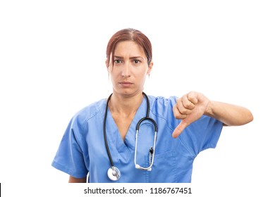 Upset Female Woman Nurse Or Doctor Making Thumbs Down Gesture As Unhappy Frustrated Failure Hospital Person Concept Isolated On White Background