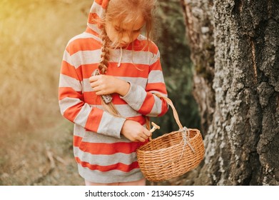 Upset Or Focused Eight Year Old Kid Girl Mushroom Picker Is Seek For And Picking Mushrooms In The Forest. Child Survivalists Gathers A Wild Fungus Harvest And Outdoor Foraging  In Nature. Flare