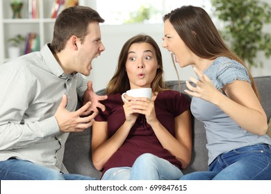 Upset friend in the middle of a couple argument at home