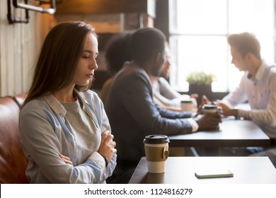 Upset Girl Ghosted By Boyfriend, Waiting For Him Alone In Coffeeshop, Frustrated Female Rejected By Admirer Or Lover, Wasting Time For Cancelled Date, Sad Outcast Jealous Of Happy Friends In Cafe,