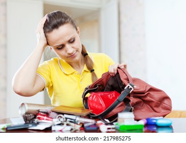 Upset Inconsiderate Woman Lost Something  In Her Purse