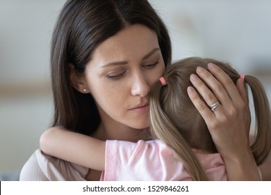 Upset Loving Mother Embracing, Comforting Little Daughter Close Up, Expressing Love And Support, Family Enjoying Tender Moment, Trusted Good Relationship, Child Custody, New Mom For Adopted Child