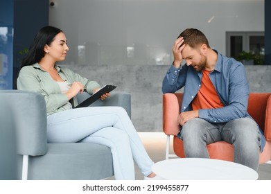 Upset Man Alcoholic Sitting At Psychologist On Psychotherapy Session, Sad Depressed Addicted Drunk Guy Alcohol Addiction Abuse, Alcoholism Concept. Social Service, Psychology Patient.