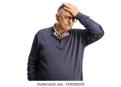 Upset mature man holding his forhead isolated on white background - Powered by Shutterstock