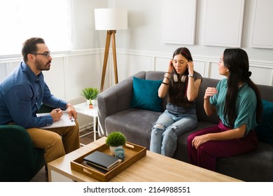 Upset Mom Bringing Her Rebellious Teen Daughter With A Psychologist Because Of Her Bad Behavior