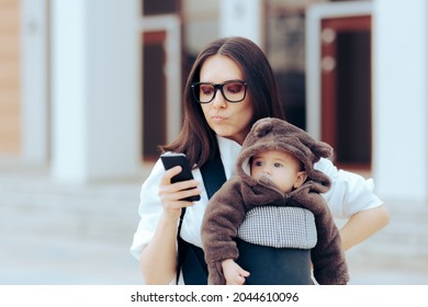 Upset Mother with Newborn in Baby Carrier Reading a Text Message. New mom stressing out for no reason looking every little thing up on the internet 
 - Powered by Shutterstock