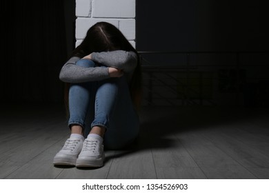 Upset Teenage Girl Sitting Column Indoors Stock Photo 1354526903 ...