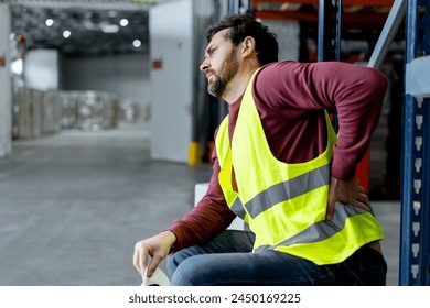 Upset, tired, overworked man, foreman wearing workwear touching back, having pain, spasm, sitting in warehouse after work. Concept of treatment, health care - Powered by Shutterstock