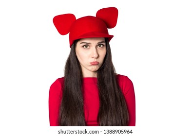 Upset White Black Haired Young Woman With Mouse Ears Hat