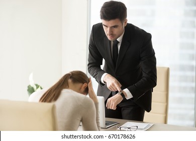 Upset Woman Being Scolded By Boss For Coming Late At Office, Frustrated Manager Feeling Guilty Because Of Missed Deadline While Receiving Reprimand, Ceo Scolding Unpunctual Employee After Bad Work 