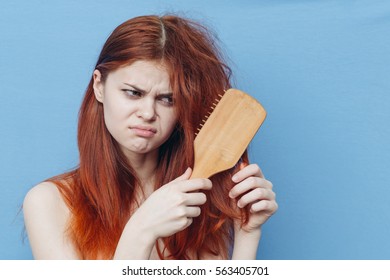 Upset Woman Trying To Untangle The Hair, With Color