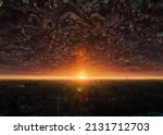 An upside down cityscape with sunlight passing through at sunset