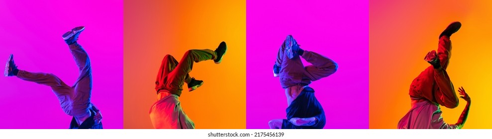 Upside down. Collage with female and male legs in colored shoes, sneakers, trainers isolated over bright multicolored background in neon. Concept of fashion, sales, ads. Horizontal flyer