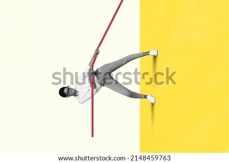 Upside down creative collage of male female employee pulling rope company enemies isolated colorful background