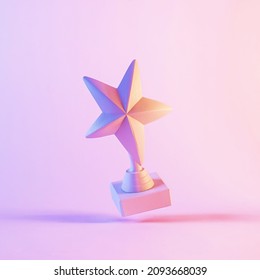 Upside Down Five Pointed Star Trophy Award Model. 3D Figure, Hovering In Bright Pink Surrounding Background With Shadows