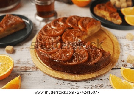Upside down orange cake, ready homemade on the table