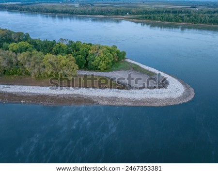upstream entry to the Chain of Rock Bypass Canal from the Mississippi River above St Louis, aerial view at October dawn