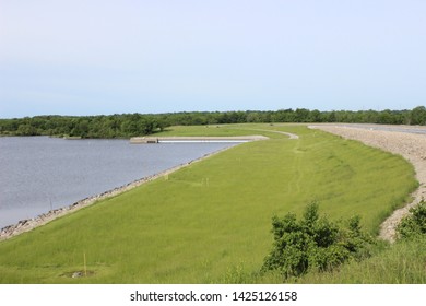 Upstream Face Of Longview Dam, Longview Lake And Spillway In Spring Time