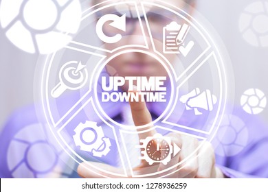 Uptime Downtime Web Business Technology Concept. Businessman Clicks A Uptime Downtime Words Button On A Virtual Modern Digital Screen.