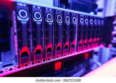 Up-to-date rack-mounted illuminated computer hardware in data center