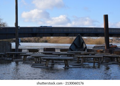 Upton Upon Severn, England - 02 17 2022: A British Beer Garden Underwater At A Pub