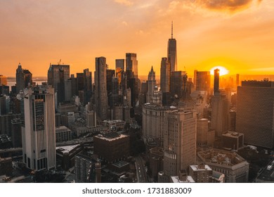 Uptown Manhattan in Golden Hour Sunset Light with Skyline of Skyscrapers Drone Shot - Powered by Shutterstock