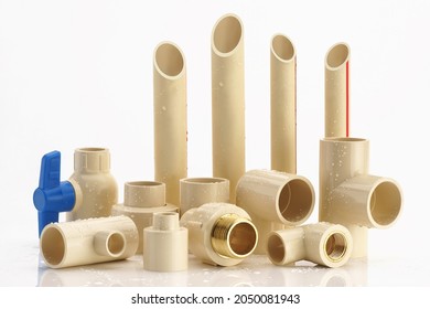 UPVC  CPVC Fittings for polypropylene pipes. Elements for pipelines. plastic piping elements. They are designed for connecting pipes. Concept sale of polypropylene fittings.