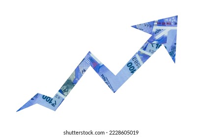 Upward arrow with rupee  note engraved inside arrow. Stock Market upward direction, Currency up, Rupee up, inflamation up